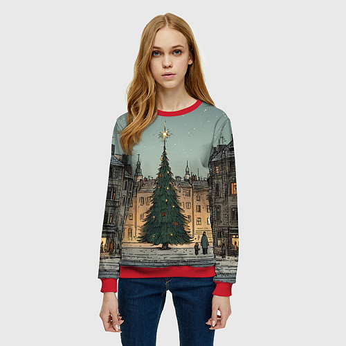 Женский свитшот Новогодняя елка во дворе / 3D-Красный – фото 3