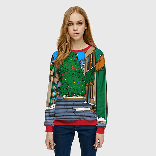 Женский свитшот Мультяшный новогодний двор / 3D-Красный – фото 3