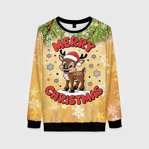 Женский свитшот Олень в шапке Санты / 3D-Черный – фото 1