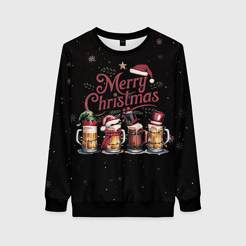 Женский свитшот Кружки пива в новогодних шапках / 3D-Черный – фото 1