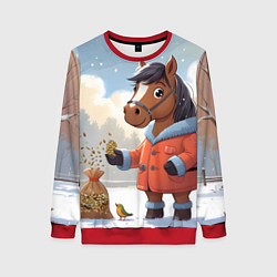 Свитшот женский Лошадка на зимней прогулке, цвет: 3D-красный