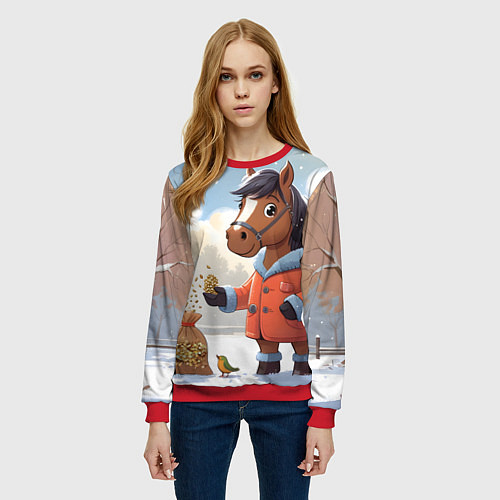 Женский свитшот Лошадка на зимней прогулке / 3D-Красный – фото 3