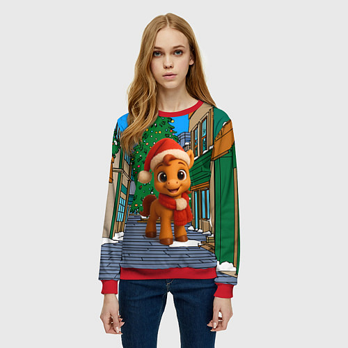 Женский свитшот Новогодняя лошадка и елка / 3D-Красный – фото 3