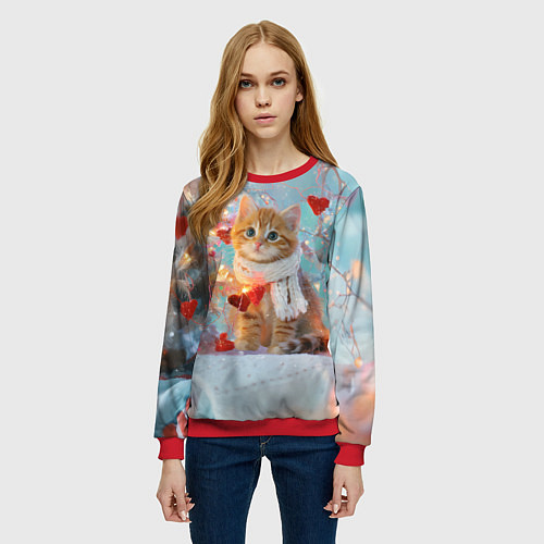 Женский свитшот Рыжий новогодний котенок с сердечком / 3D-Красный – фото 3