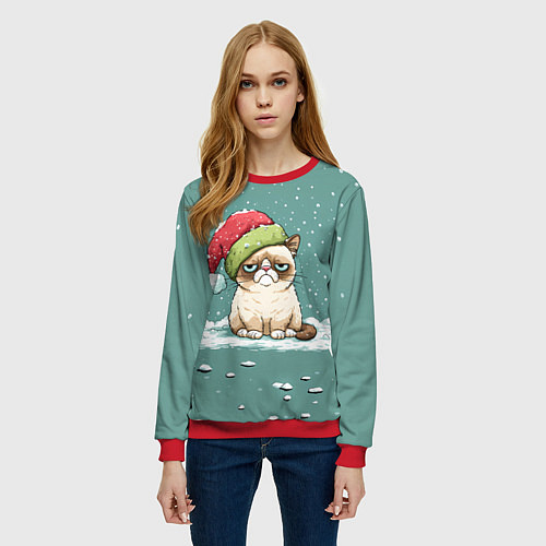 Женский свитшот Недовольный новогодний котик / 3D-Красный – фото 3