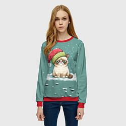 Свитшот женский Недовольный новогодний котик, цвет: 3D-красный — фото 2