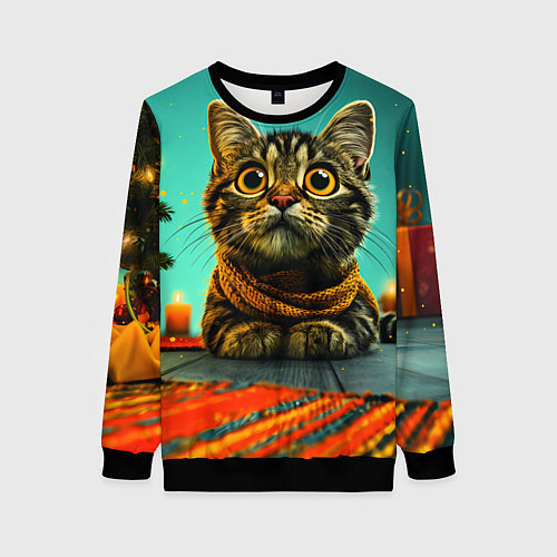 Женский свитшот Котик под елкой / 3D-Черный – фото 1