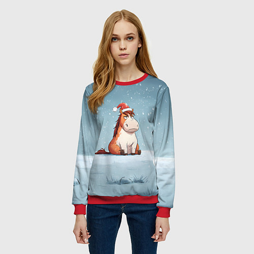 Женский свитшот Лошадь сидит на снегу / 3D-Красный – фото 3