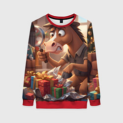 Свитшот женский Новогодний конь сыщик, цвет: 3D-красный