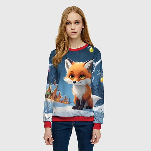 Женский свитшот Лисичка новогодней ночью / 3D-Красный – фото 3