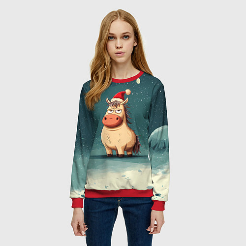 Женский свитшот Забавная мем - лошадка / 3D-Красный – фото 3