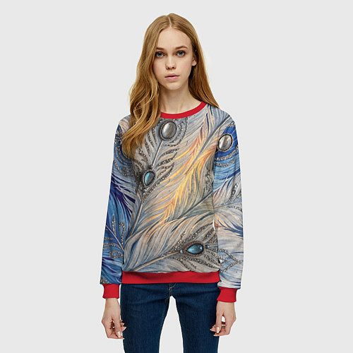 Женский свитшот Синие перья с самоцветами / 3D-Красный – фото 3