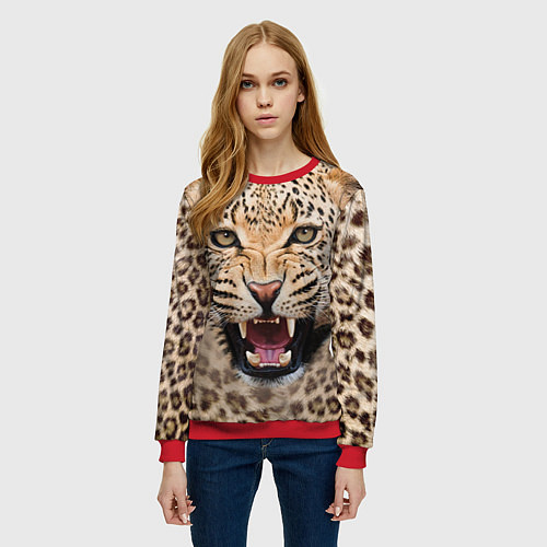 Женский свитшот Взгляд леопарда / 3D-Красный – фото 3