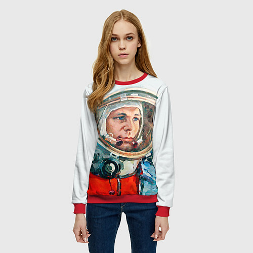 Женский свитшот Гагарин в полете / 3D-Красный – фото 3