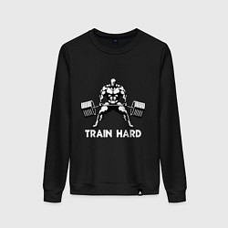 Свитшот хлопковый женский Train hard тренируйся усердно, цвет: черный