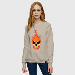 Свитшот хлопковый женский Fire flame skull, цвет: миндальный — фото 2