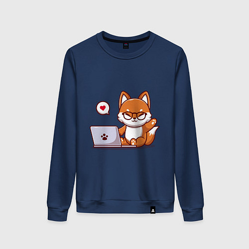 Женский свитшот Cute fox and laptop / Тёмно-синий – фото 1