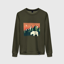 Свитшот хлопковый женский Белый медведь пейзаж с горами, цвет: хаки