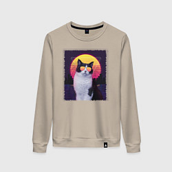 Свитшот хлопковый женский Synthwave cat, цвет: миндальный