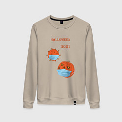 Свитшот хлопковый женский Halloween 2021 , тыква в маске и коронавирус, цвет: миндальный