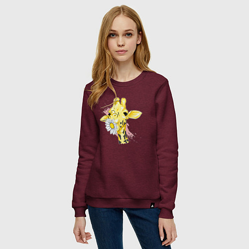 Женский свитшот Жирафа с цветком / Меланж-бордовый – фото 3
