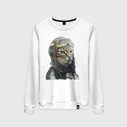 Свитшот хлопковый женский Кот - пилот The pilot Cat, цвет: белый