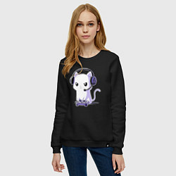 Свитшот хлопковый женский Котёнок игроман The kitten is a gambler, цвет: черный — фото 2