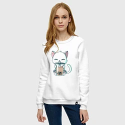 Свитшот хлопковый женский Котик с бабл ти, цвет: белый — фото 2