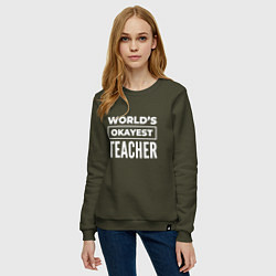 Свитшот хлопковый женский Worlds okayest teacher, цвет: хаки — фото 2