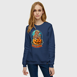 Свитшот хлопковый женский Halloween - Мишка на тыкве, цвет: тёмно-синий — фото 2