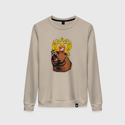 Свитшот хлопковый женский Патриотичный медведь на фоне герба, цвет: миндальный