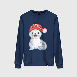 Свитшот хлопковый женский Новогодний тюлень, цвет: тёмно-синий