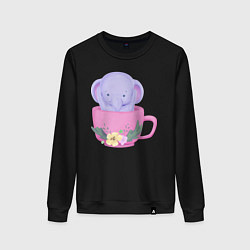 Свитшот хлопковый женский Милый слонёнок внутри чашки с цветами, цвет: черный