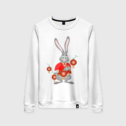 Свитшот хлопковый женский Черный водяной кролик в красной рубахе, цвет: белый