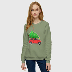 Свитшот хлопковый женский Новогодняя машина с праздничной елкой, цвет: авокадо — фото 2