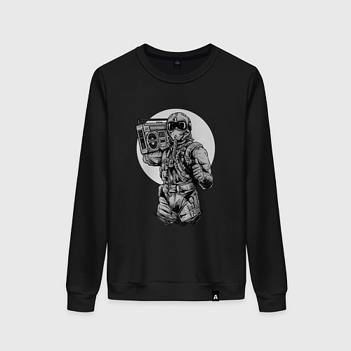 Женский свитшот Летчик-истребитель с Бумбоксом слушает ретро музык / Черный – фото 1