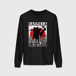 Свитшот хлопковый женский Catzilla in Tokyo мем, цвет: черный