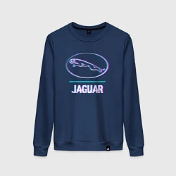 Свитшот хлопковый женский Значок Jaguar в стиле glitch, цвет: тёмно-синий