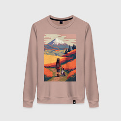 Свитшот хлопковый женский Девушка, выгуливающая собаку на полях Японии, цвет: пыльно-розовый