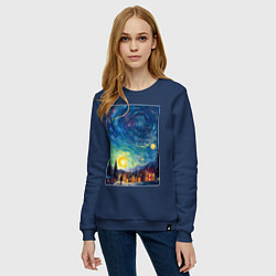 Свитшот хлопковый женский Ночной пейзаж в стиле Ван Гога, цвет: тёмно-синий — фото 2