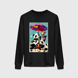 Свитшот хлопковый женский Три панды под цветным зонтиком, цвет: черный