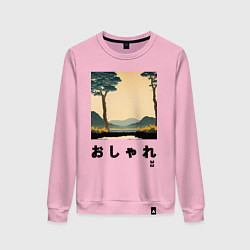 Свитшот хлопковый женский MoMo - Деревья на фоне гор в японском стиле, цвет: светло-розовый