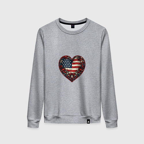 Женский свитшот Сердце с цветами флаг США / Меланж – фото 1
