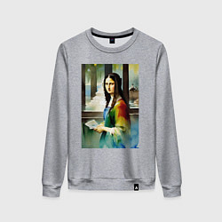 Женский свитшот Мона Лиза в библиотеке - нейросеть - акварель