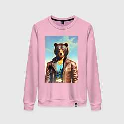 Свитшот хлопковый женский Cool bear in a leather jacket - neural network, цвет: светло-розовый
