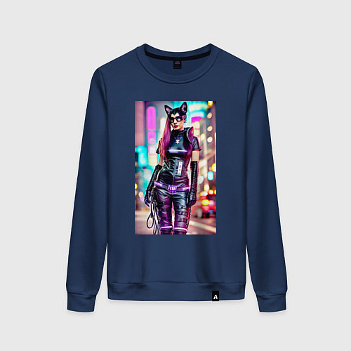 Женский свитшот Cyberpunk - cat girl - neural network / Тёмно-синий – фото 1