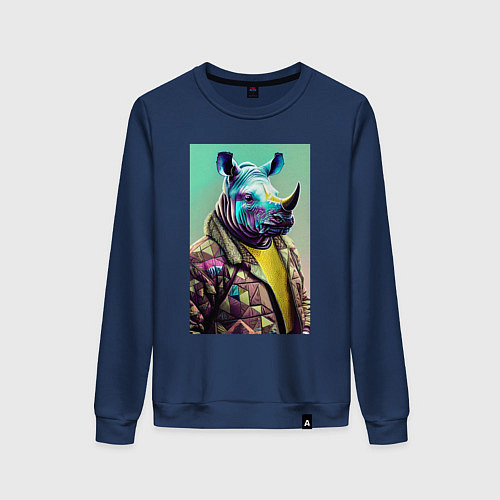 Женский свитшот Модный носорог - нейросеть / Тёмно-синий – фото 1