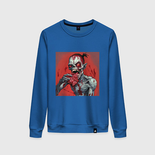 Женский свитшот Зомби с большими красными глазами ест мясо / Синий – фото 1