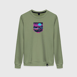 Свитшот хлопковый женский Гоночная машина и пальмы в пурпурном свечении, цвет: авокадо