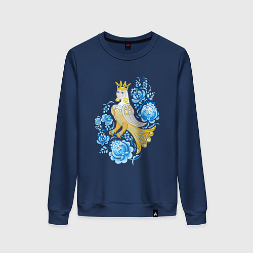 Женский свитшот Птица Сирин в цветах по мотивам гжельской росписи / Тёмно-синий – фото 1